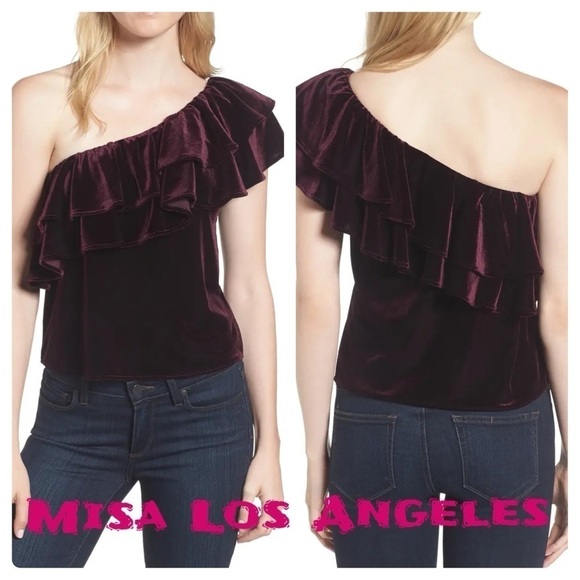 Misa Los Angeles Agus One-Shoulder Velvet Top. Ruffled soft asymmetric - Picture 1 of 11